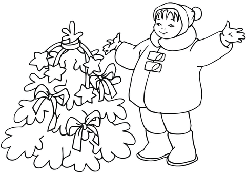 Coloring page boy showing his Christmas tree
